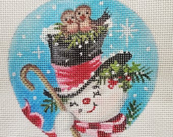 Needlepoint Canvas Handpainted 4" Snowman, Top Hat, Birds and Holly on 18ct.