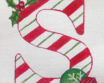 Needlepoint Canvas Handpainted 5" X 4.5" Christmas Letter " S " on 18ct.