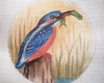 Needlepoint Canvas Hand Painted 4" Kingfisher on 18ct
