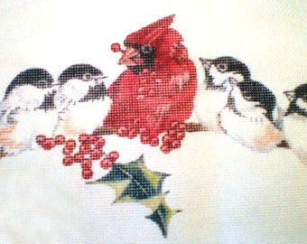 Needlepoint Canvas Handpainted Cardinal and Chickadees  14ct.Zweigart canvas
