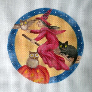 Needlepoint Canvas Handpainted, 4&quot; Witch, Owls,Cat, and Moon on 18ct.