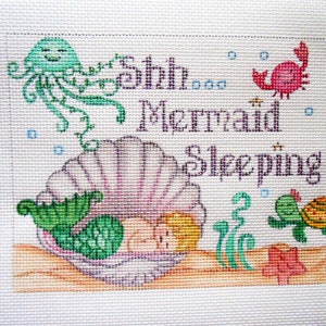 Needlepoint Canvas Handpainted 7&quot; X 5.5&quot; &quot;Shh... Mermaid Sleeping&quot; on 14ct.