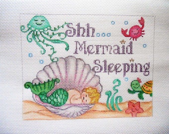 Needlepoint Canvas Handpainted 7" X 5.5" "Shh... Mermaid Sleeping" on 14ct.