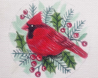 Needlepoint Canvas Handpainted 4" Cardinal, Holly and Berries on 18ct.