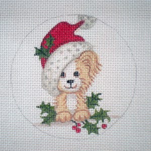 Needlepoint Canvas Handpainted 4" Santa Puppy on 18ct.