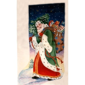 Needlepoint Canvas Handpainted  Lg Victorian Santa in Green Robe Christmas Stocking