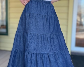 NEW Women's Denim Skirt Tiered Dark Navy Blue Jean Plus size 1X 22 24 Petite Full solid modest long cotton Handmade in the USA elastic waist