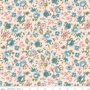 May include: Floral fabric with a cream background, featuring a repeating pattern of blue, pink, and green flowers and leaves. The design includes small, detailed blossoms and foliage, creating a vintage aesthetic. The fabric is measured in inches.