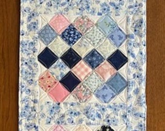 Handmade Quilt Spring Table Topper Runner Wall Hanging Dresser Scarf blue pink white floral Cottage Core Boho homewear