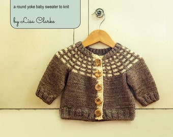 May include: A brown knitted baby cardigan with a white and brown patterned yoke, hanging on a wooden hanger. The cardigan has wooden buttons and the text "PortHOLE cardigan" is at the top of the image. The text "a round yoke baby sweater to knit" is below the title. The text "by Lisa Clarke" is below that. The text "an original pattern POLKA DOT COTTAGE presented by" is at the bottom of the image.