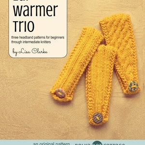 May include: Three yellow knitted ear warmers with buttons. The ear warmers are laid out on a beige surface. The text "Ear-warmer Trio" is in a white box with black text. The text "three headband patterns for beginners through intermediate knitters" is below the title. The text "by Lisa Clarke" is below the description. The text "an original pattern presented by POLKA DOT COTTAGE" is at the bottom of the image.