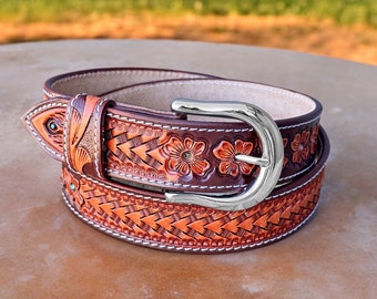 Western Floral Leather Belt for Men Women, Personalized  display picture 2