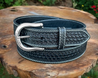 Black Leather Studded Belt: Hand Tooled Vintage Style Modern  display picture 3