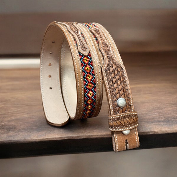 Beaded Western Leather Belt Strap For Men Women, Personalized Cowboy Rodeo Full Grain Leather Removable Buckle Belt, Ranch Gift for Dad