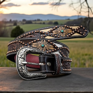 Ceinture Cuir Vintage Tru-West ROCKMOUNT RANCH WEAR - Noire, Taille 30, Boucle Ancienne