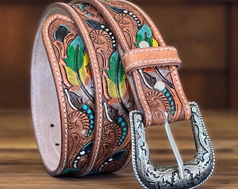 Hand Painted Full Grain Leather Western Leather Belt For Men Women, Floral Ranch Embossed Tooled Cowhide Leather Removable Buckle Belt