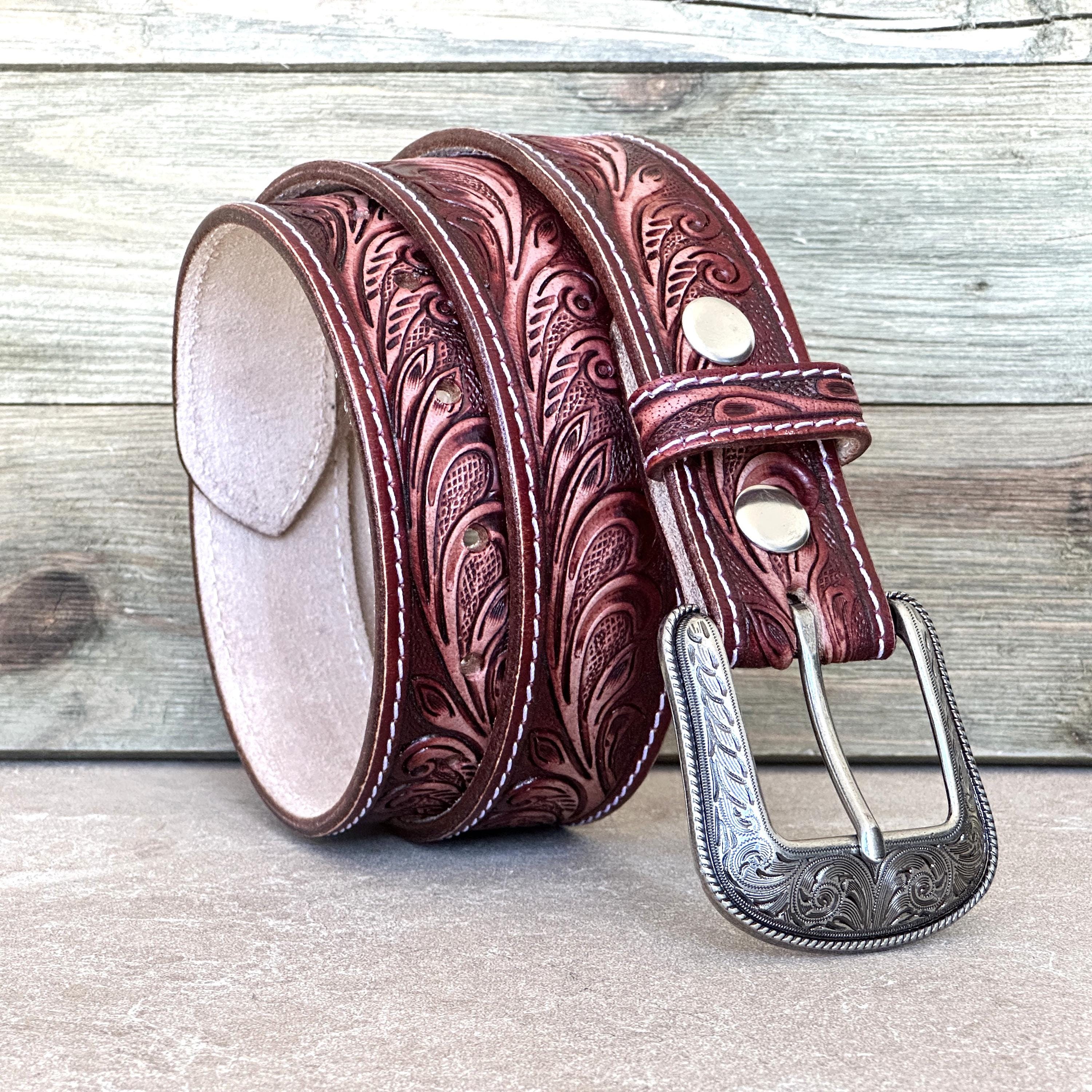 Western Floral Red Leather Belt for Men Women With Removable 