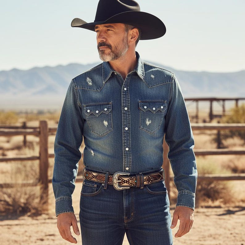 May include: A denim shirt with distressed details, paired with dark wash jeans and a decorative belt with a silver buckle. The outfit is completed with a black cowboy hat. The scene is set outdoors with a desert landscape in the background.