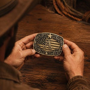 Patriotic Western Style Belt Buckle American Flag Monogram Initial A-Z Letter Cowboy Buckle Antique Brass Tone or Silver Tone Birthday Gift zdjęcie 4