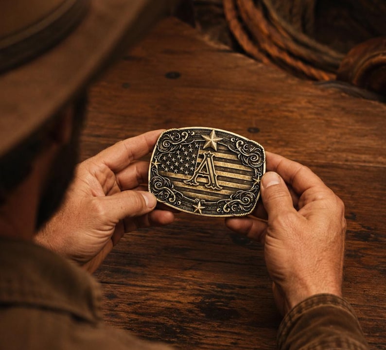 Patriotic Western Style Belt Buckle American Flag Monogram Initial A-Z Letter Cowboy Buckle Antique Brass Tone or Silver Tone Birthday Gift zdjęcie 4