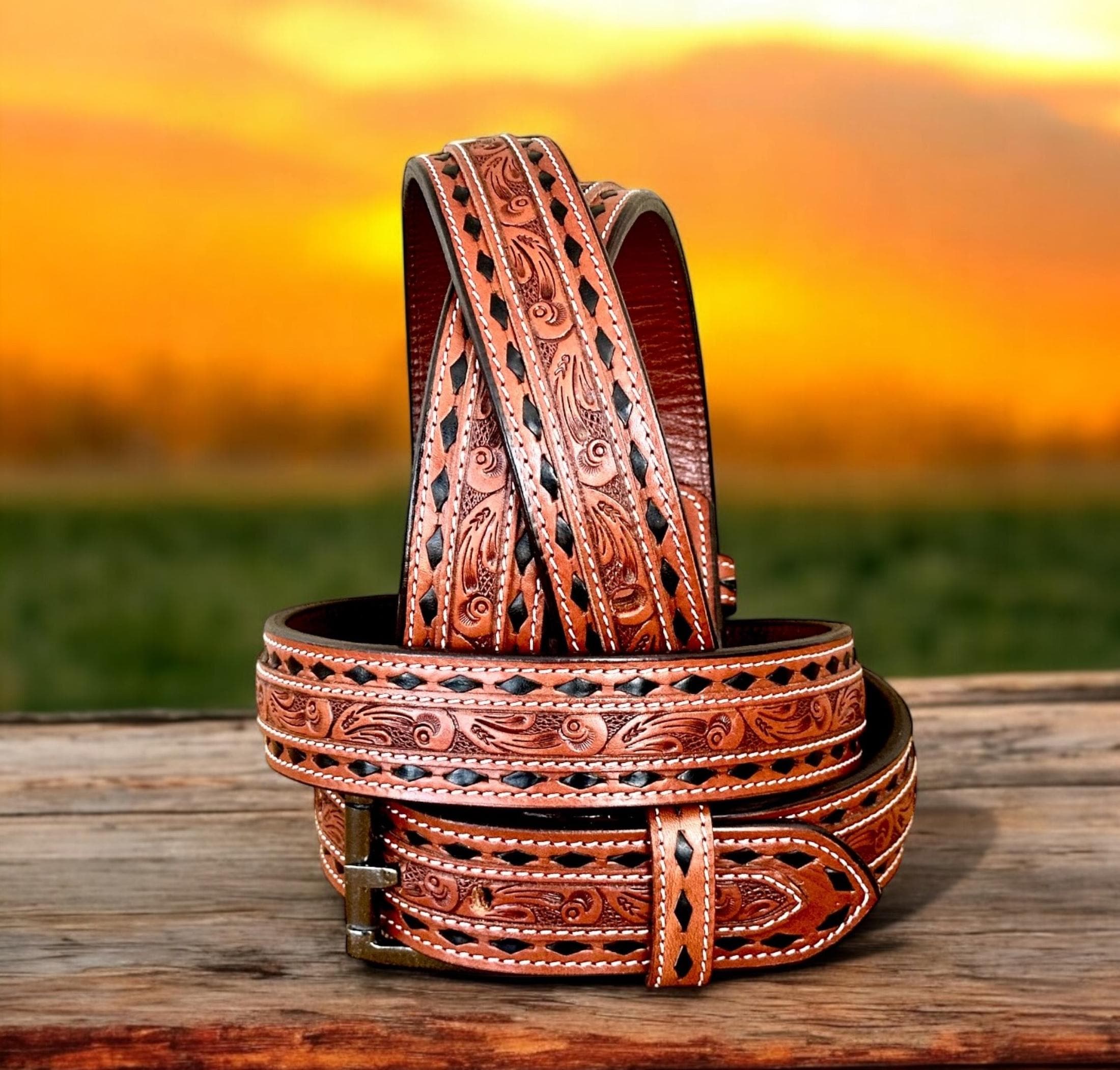 Landes Italian Black leather Belt with an Intricate Metal Orange Floral Buckle Two Tone Black Russet Floral – Vogt Silversmiths main image 4