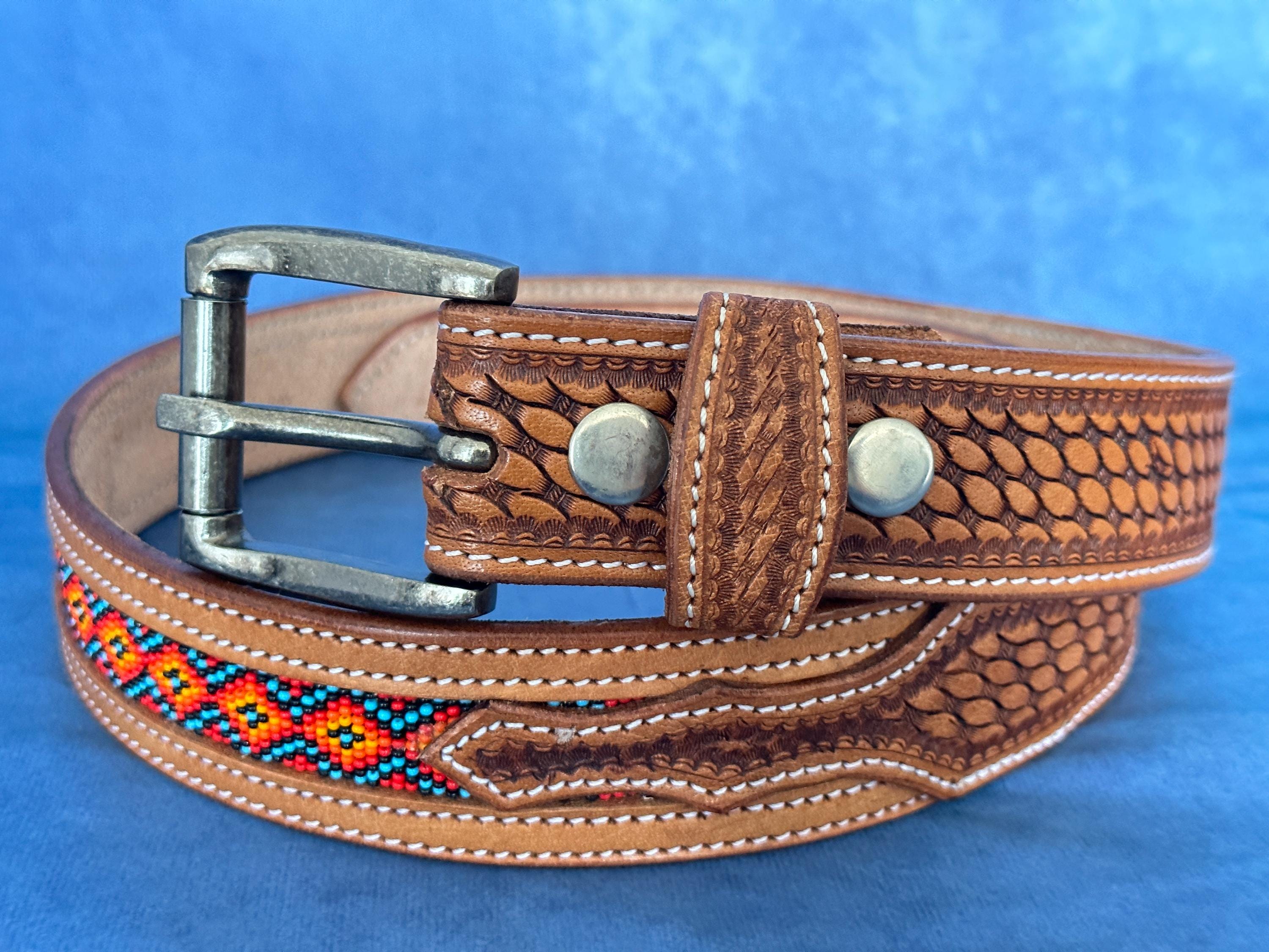Set of 3 leather western beaded belt size S/M Western Leather Beaded Belt - Etsy main image 2