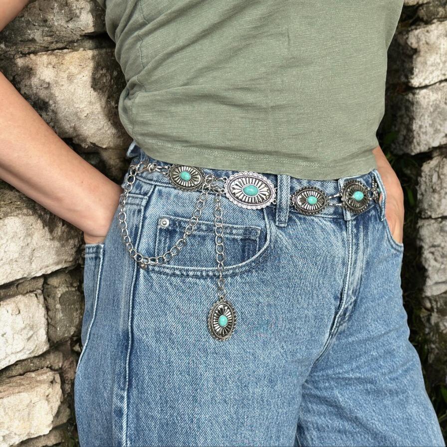 Western Concho Chain Belt for Women – Silver Boho Turquoise  display picture 2