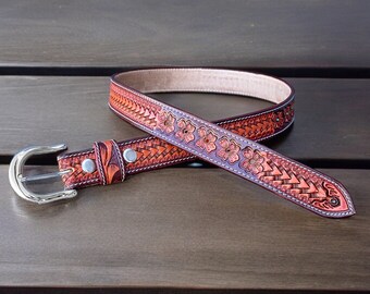 Western Floral Leather Belt for Men Women, Personalized  display picture 1