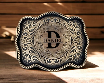 Personalized Western Belt Buckles Men Women, Initial Replacement Cowboy Rodeo Floral Belt Buckle for Removable Leather 1.5" Strap