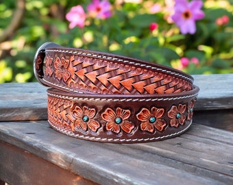 Western Floral Leather Belt for Men Women, Personalized  display picture 1