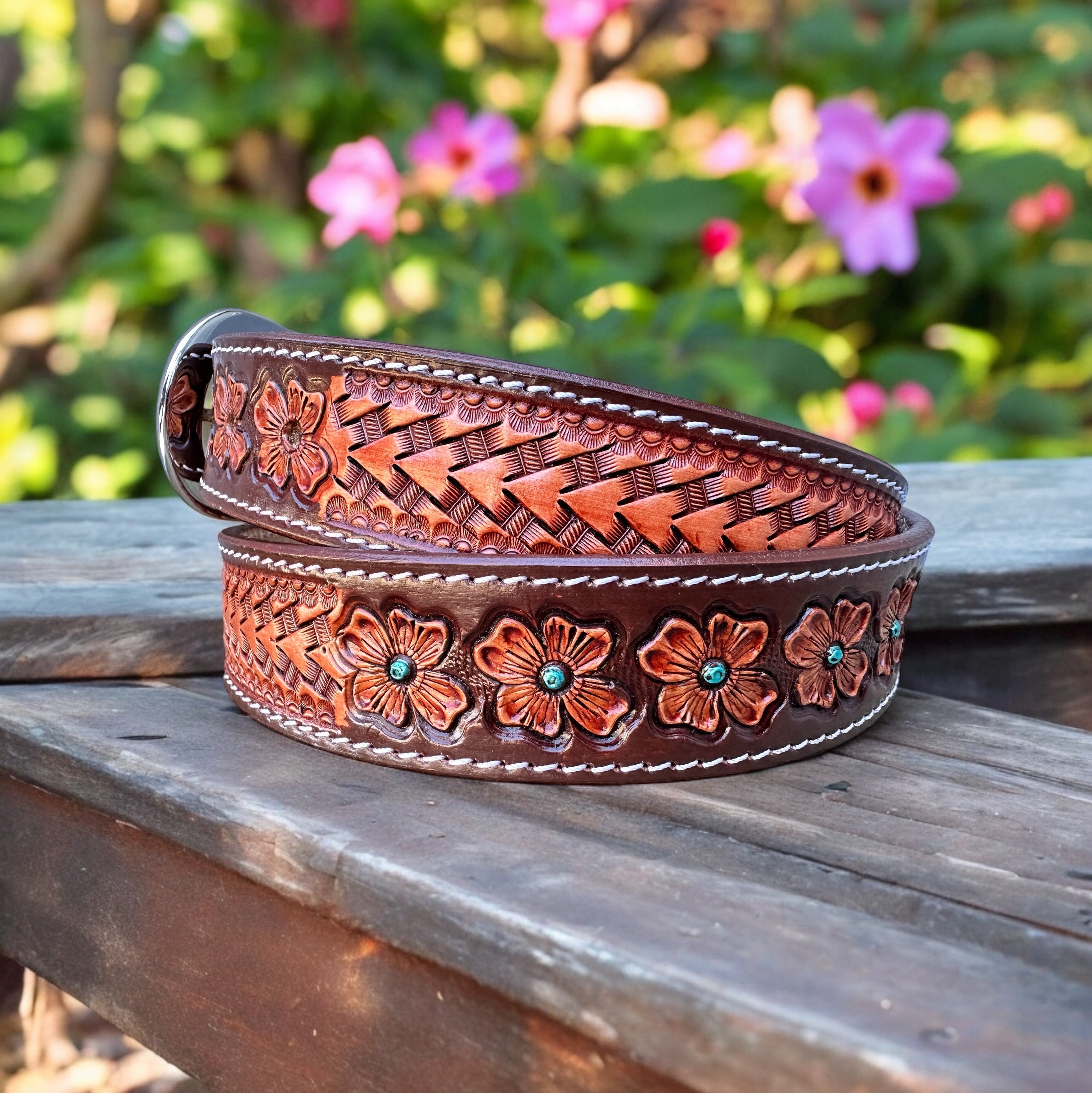 Western Floral Leather Belt for Men Women, Personalized  display picture 2