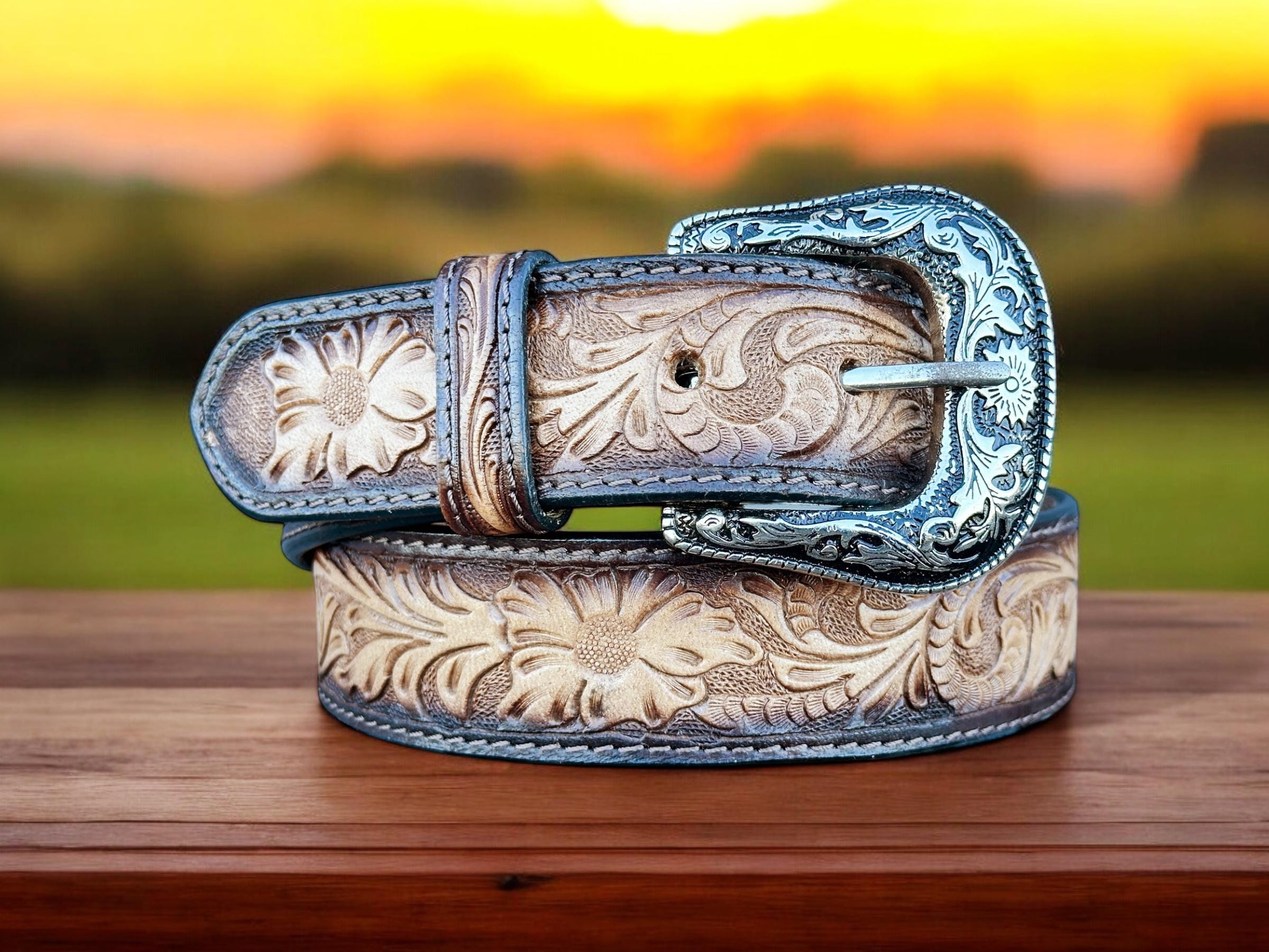 Colorful Leather Belt with Floral Design and cowhide. Vintage as it gets Affilare Western Genuine Leather Belt For Men and Women  main image 2