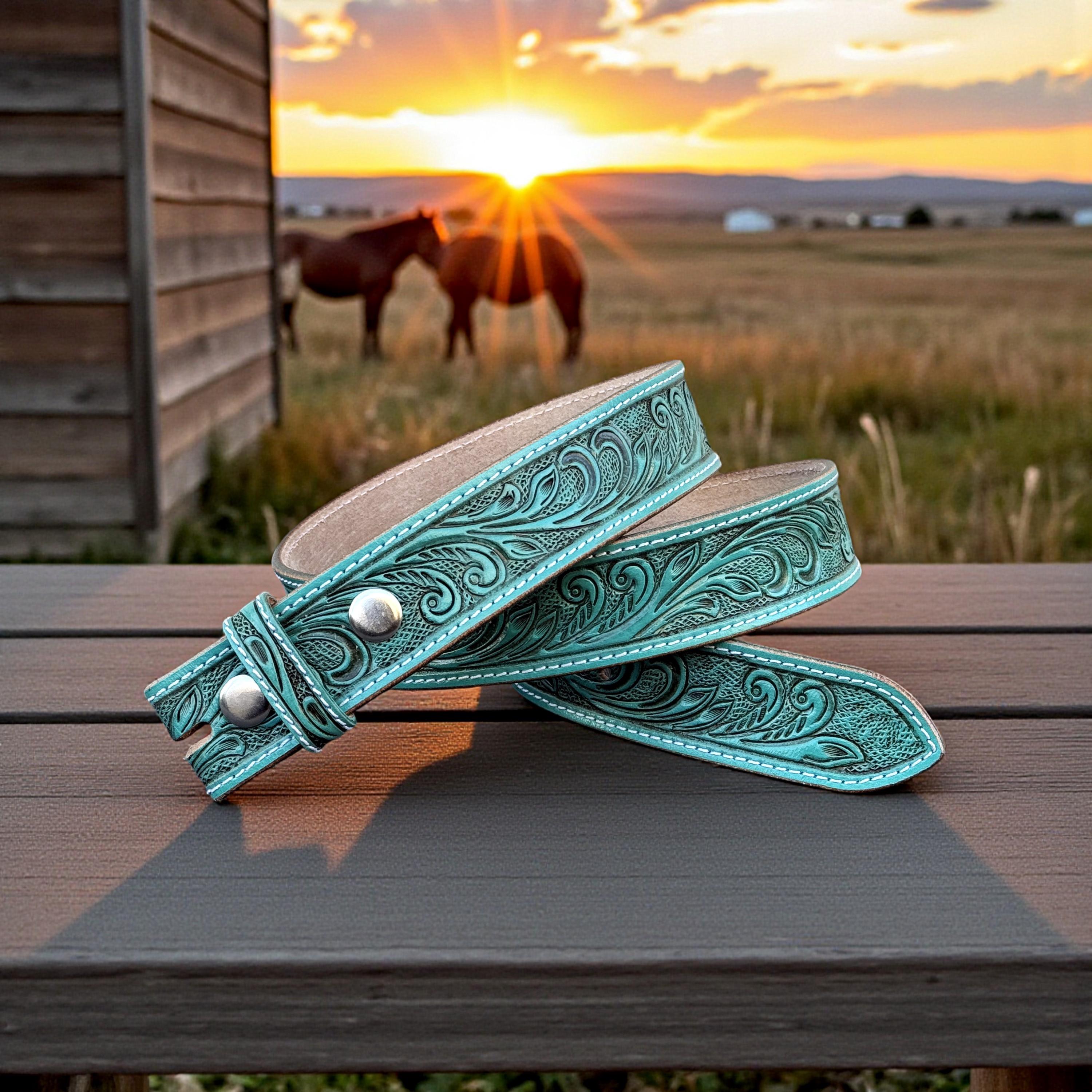 Turquoise Tooled Personalized Leather Belt Strap Women Men  display picture 3