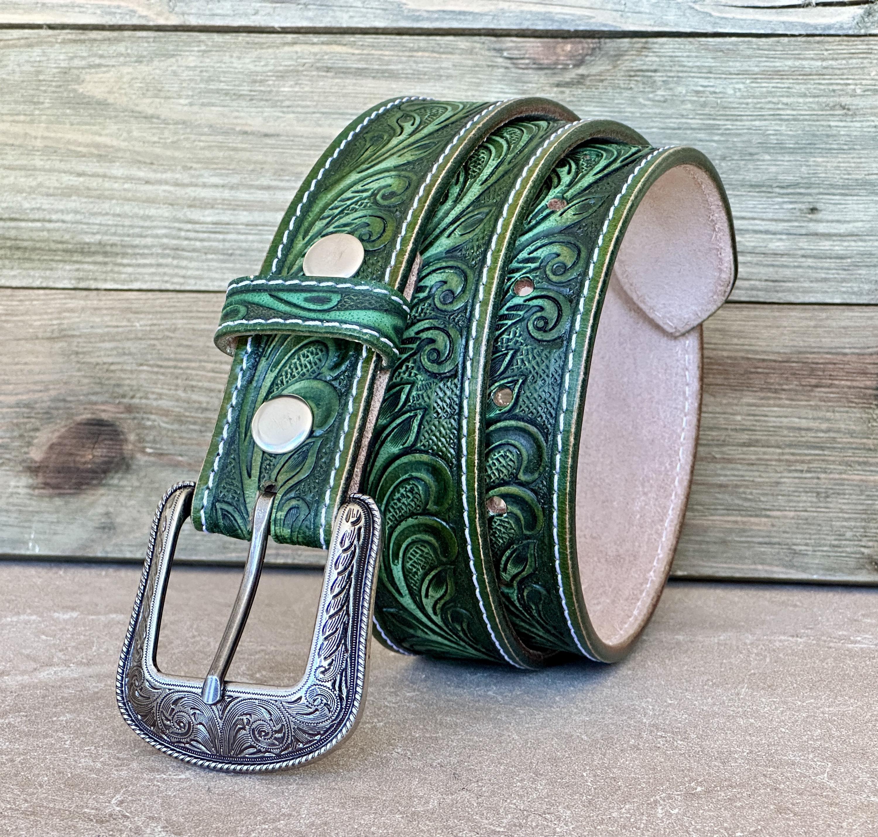 Green Genuine Leather Belt 1877 with Southwestern Geometric Design Southwest Ribbon Club Belt main image 4