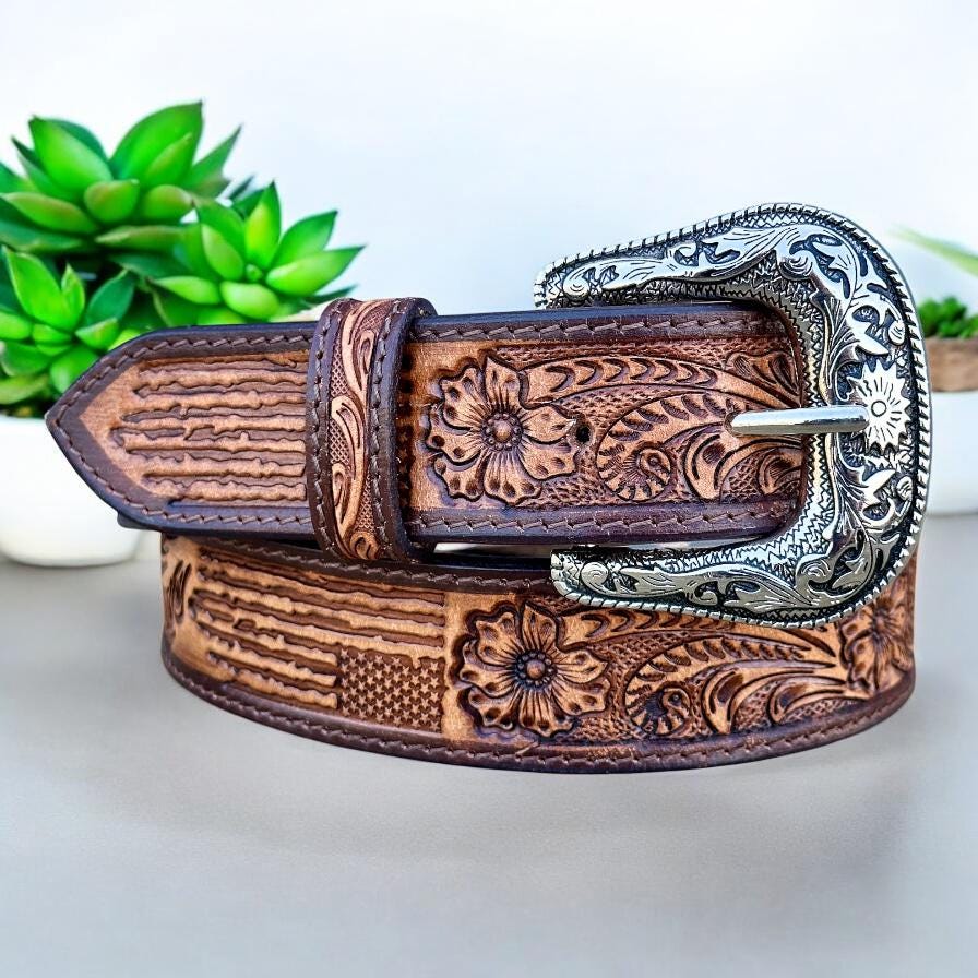 Genuine Leather Floral Western Leather Belt for Men, Cowboy  display picture 1