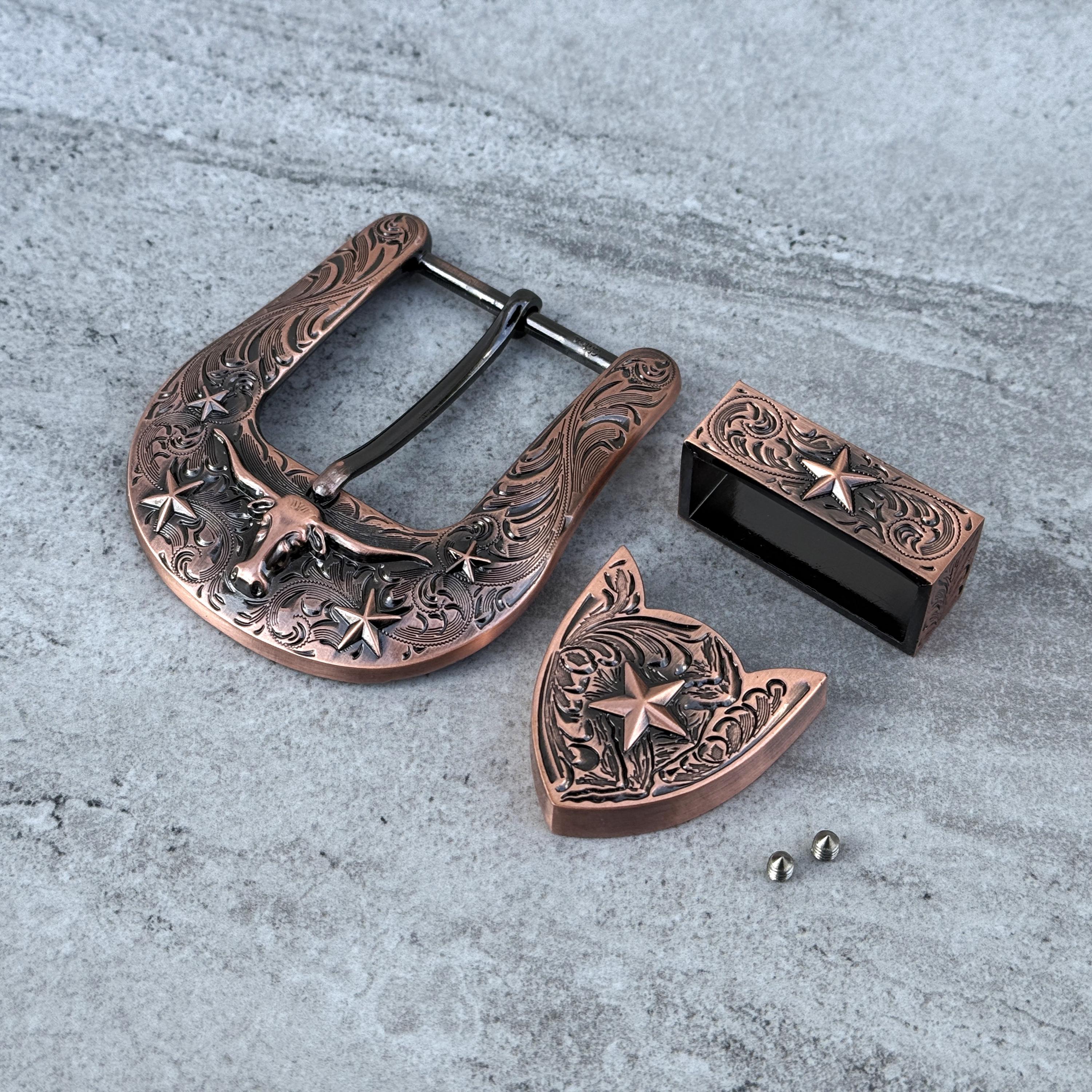 Western 3 Piece Belt Buckle Set – Silver Engraved Buckle  display picture 1