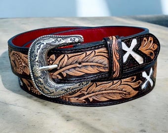 Western Floral Genuine Leather Tooled Belt for Men Women  display picture 2
