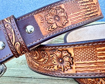Unisex JON WYE Leather Floral Belt Western Retro Made in USA Men Women 46.5\