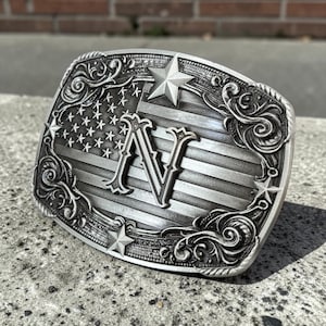 Patriotic Western Style Belt Buckle American Flag Monogram Initial A-Z Letter Cowboy Buckle Antique Brass Tone or Silver Tone Birthday Gift zdjęcie 19
