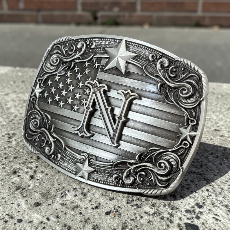 Patriotic Western Style Belt Buckle American Flag Monogram Initial A-Z Letter Cowboy Buckle Antique Brass Tone or Silver Tone Birthday Gift zdjęcie 19