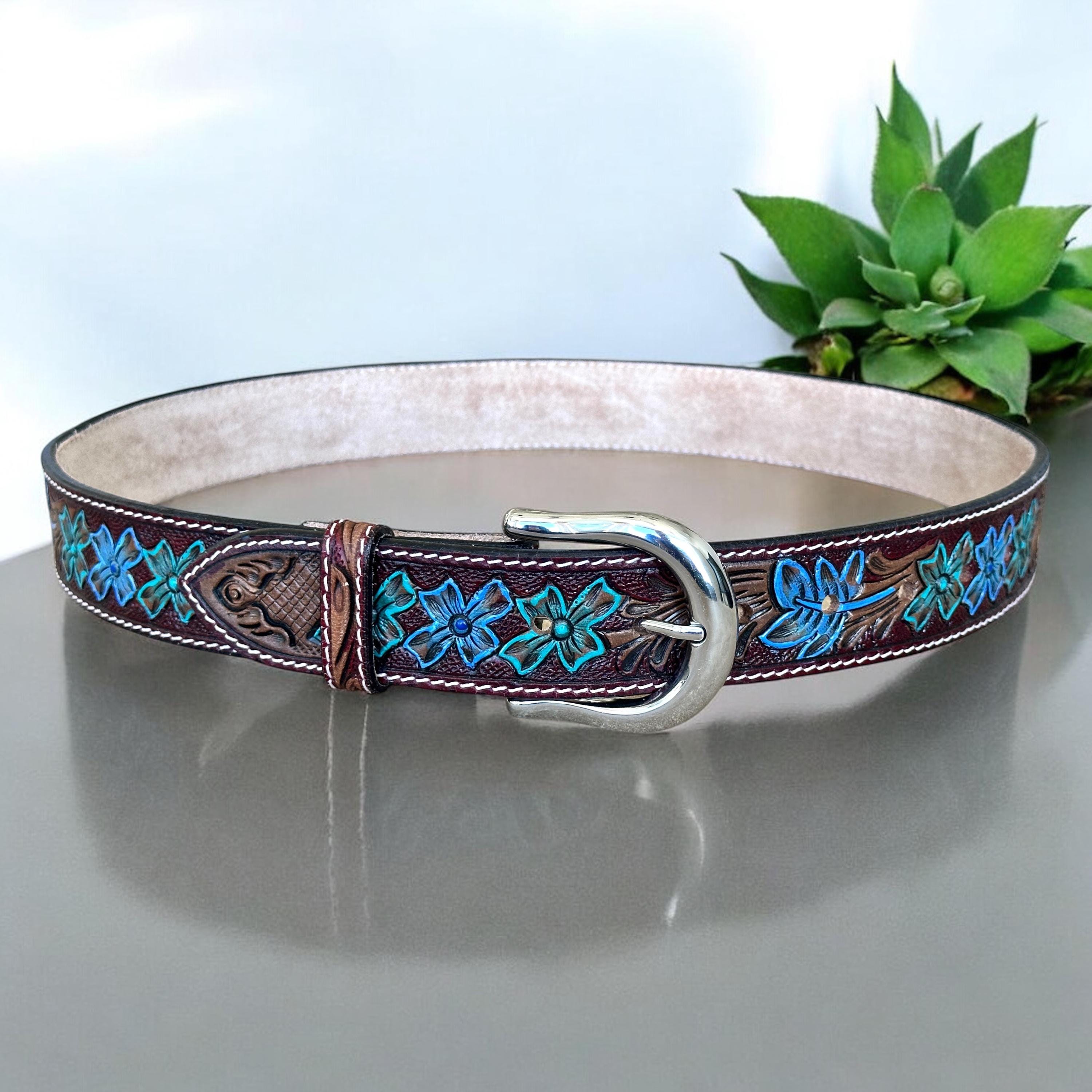 Womens Belt Hand Painted 34-36 Floral Tooled Cowhide Leather Western Rodeo JANE Amazon.com: Women main image 2