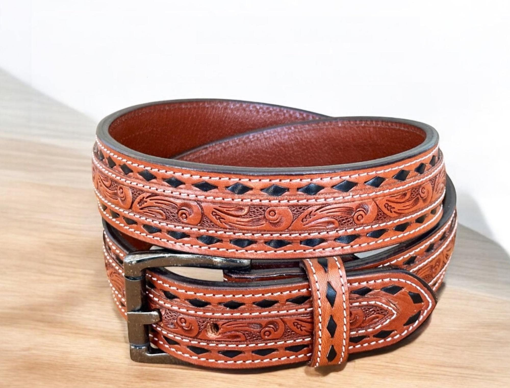 Landes Italian Black leather Belt with an Intricate Metal Orange Floral Buckle Two Tone Black Russet Floral – Vogt Silversmiths main image 2