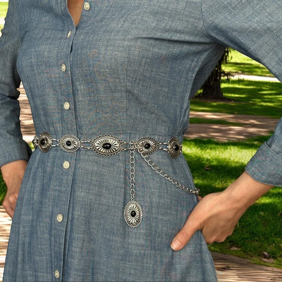 Western Concho Chain Belt for Women – Silver Boho Turquoise  display picture 2