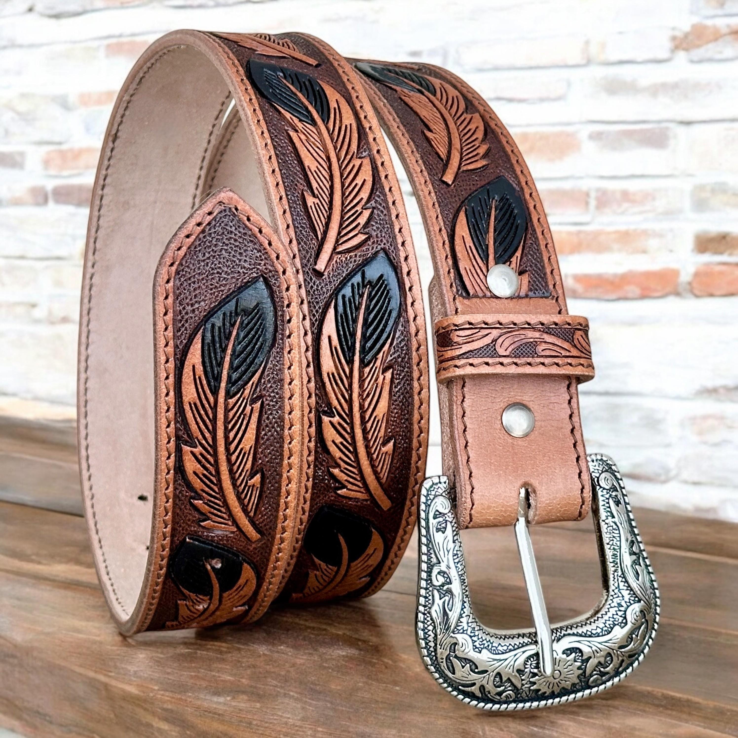 Western Floral Leather Belt for Men, Cowboy Cowgirl Embossed  display picture 1