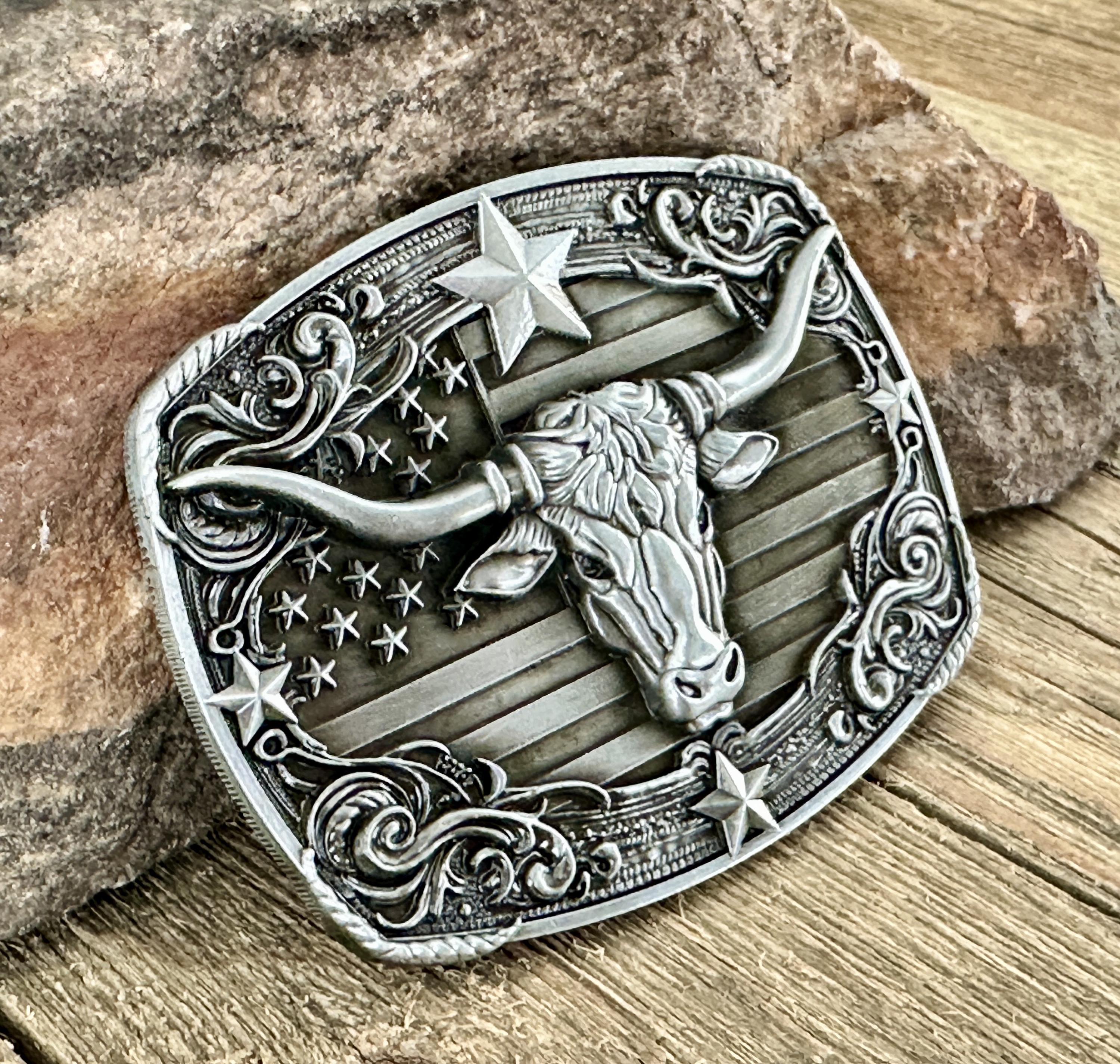 Set of 2 Large Silver-tone Bullhorn Steer Gun Rodeo Western Belt Buckles Longhorn Buckle Set - 1 1/2 main image 4