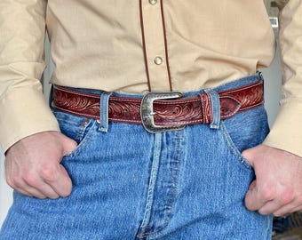 Western Floral Red Leather Belt With Removable Buckle Cowboy Rodeo Floral Tooled Full Grain 1-1/2" Wide Belt Birthday Gift