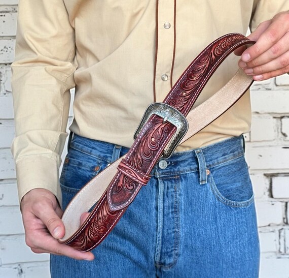 Western Floral Red Leather Belt for Men Women With Removable  display picture 3