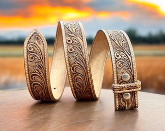 Personalized Western Leather Belt Strap For Men Cowboy Floral Embossed Tooled Full Grain Leather Without Buckle Engraved Birthday Gift