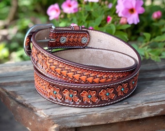 Wright Western Orange Floral Brown LEATHER Embossed BELT 23-27” Silver Buckle 26 1.25 main image 4