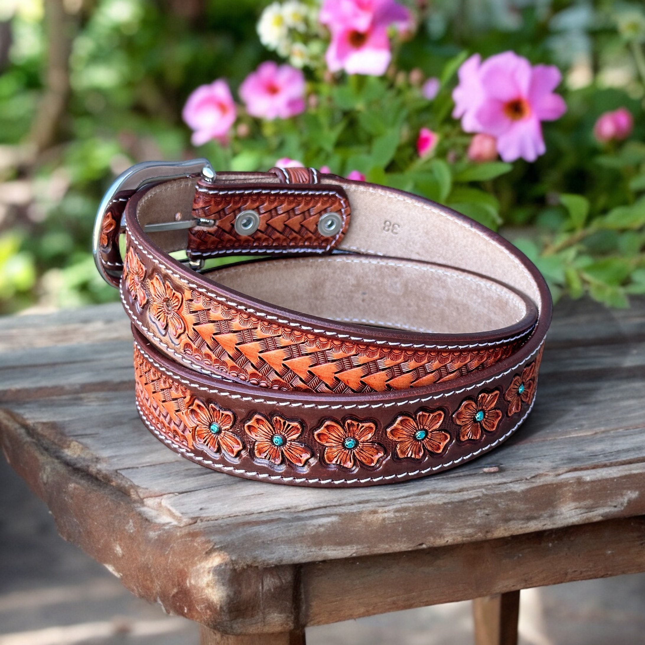 Western Floral Leather Belt for Men Women, Personalized  display picture 1